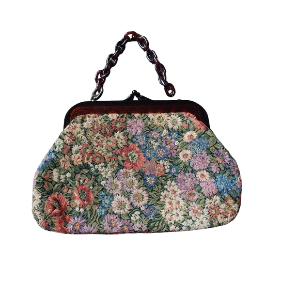 Vintage Handbags - Vintage Wooden Frame Boho Tapestry Floral Colorful Handbag